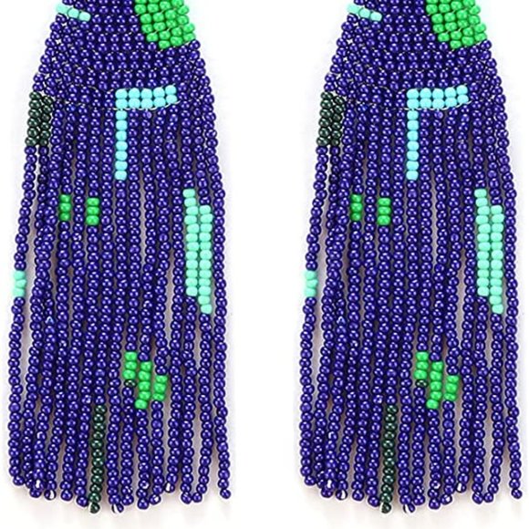 Long 5" Abstract Shapes Navy Blue Handmade Beaded Oversized Bohemian Earrings - Picture 4 of 5